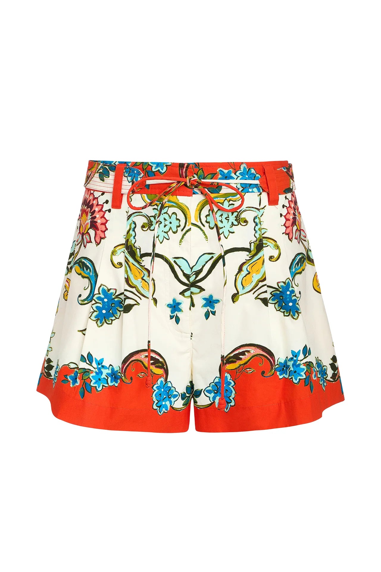 Colorful floral-patterned shorts with a red border on a white background