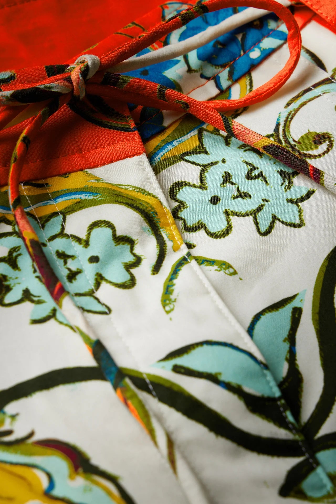 Close-up of a colorful fabric with floral patterns on a white background