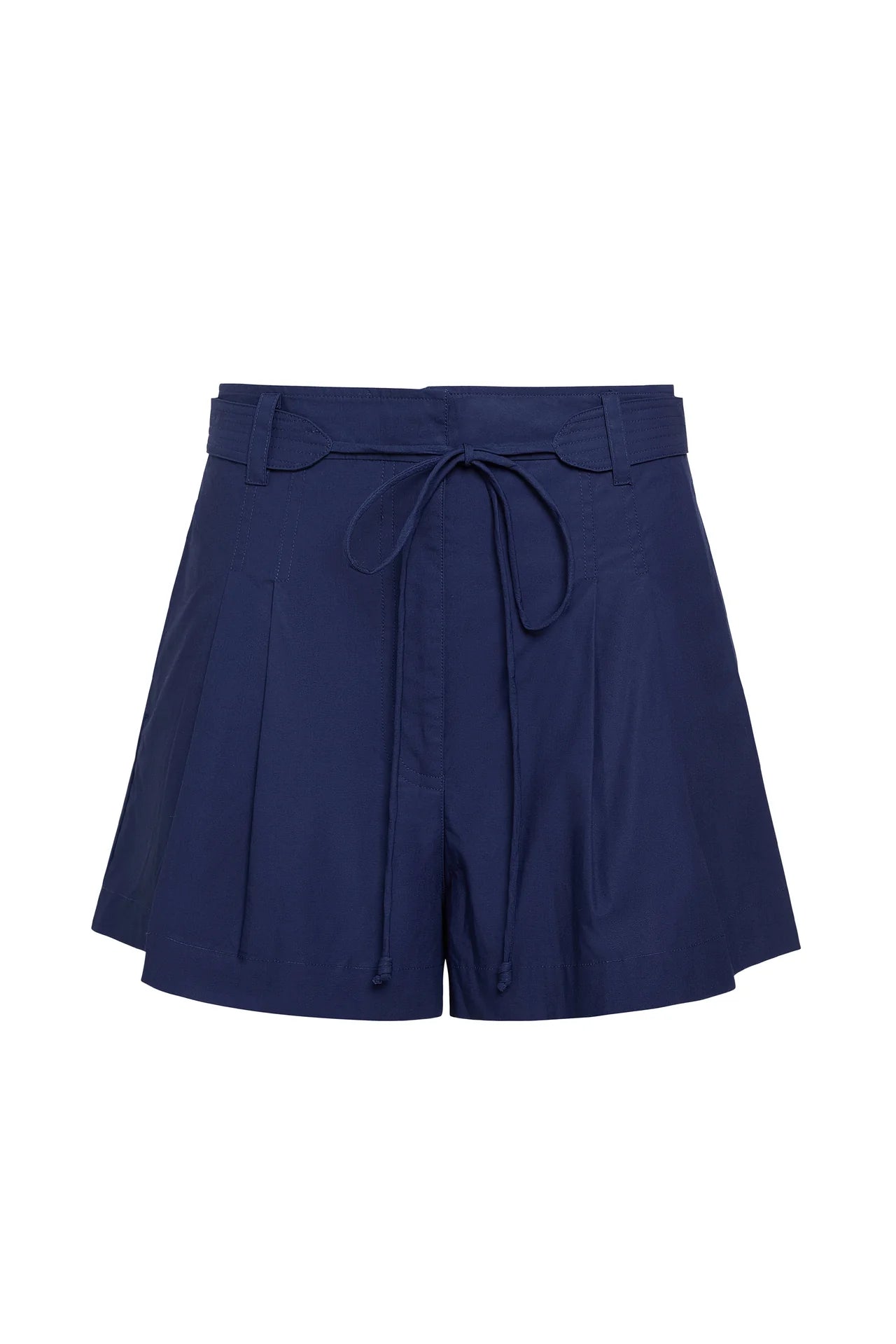 Navy blue shorts with a tie waist on a white background