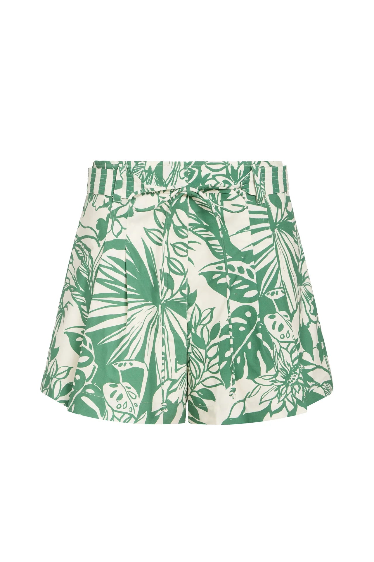 Green and white tropical leaf patterned skirt on a white background