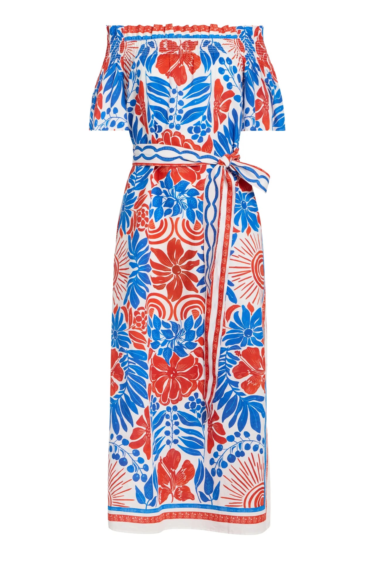 Red, blue, and white floral dress on a white background
