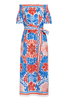 Red, blue, and white floral dress on a white background