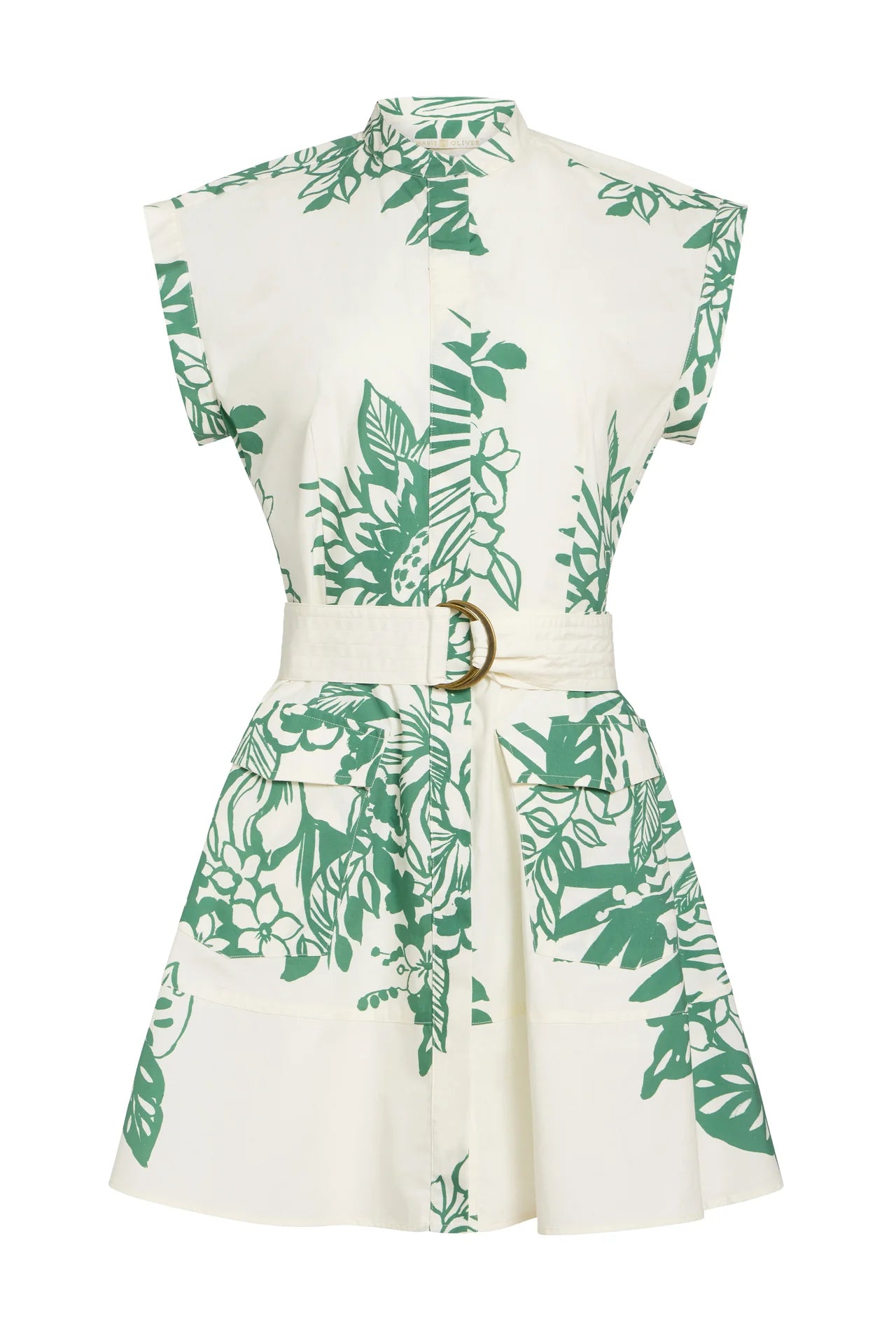 White dress with green leaf pattern and belt on a white background