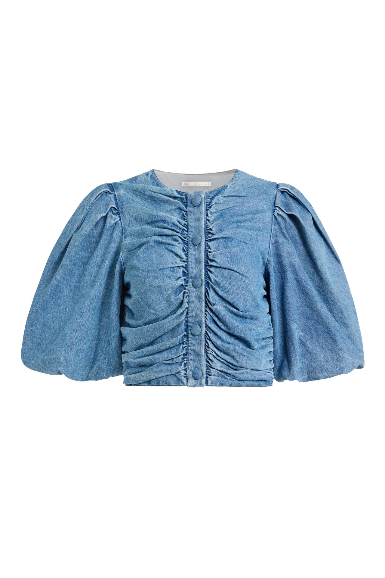 Blue denim jacket with puff sleeves on a white background