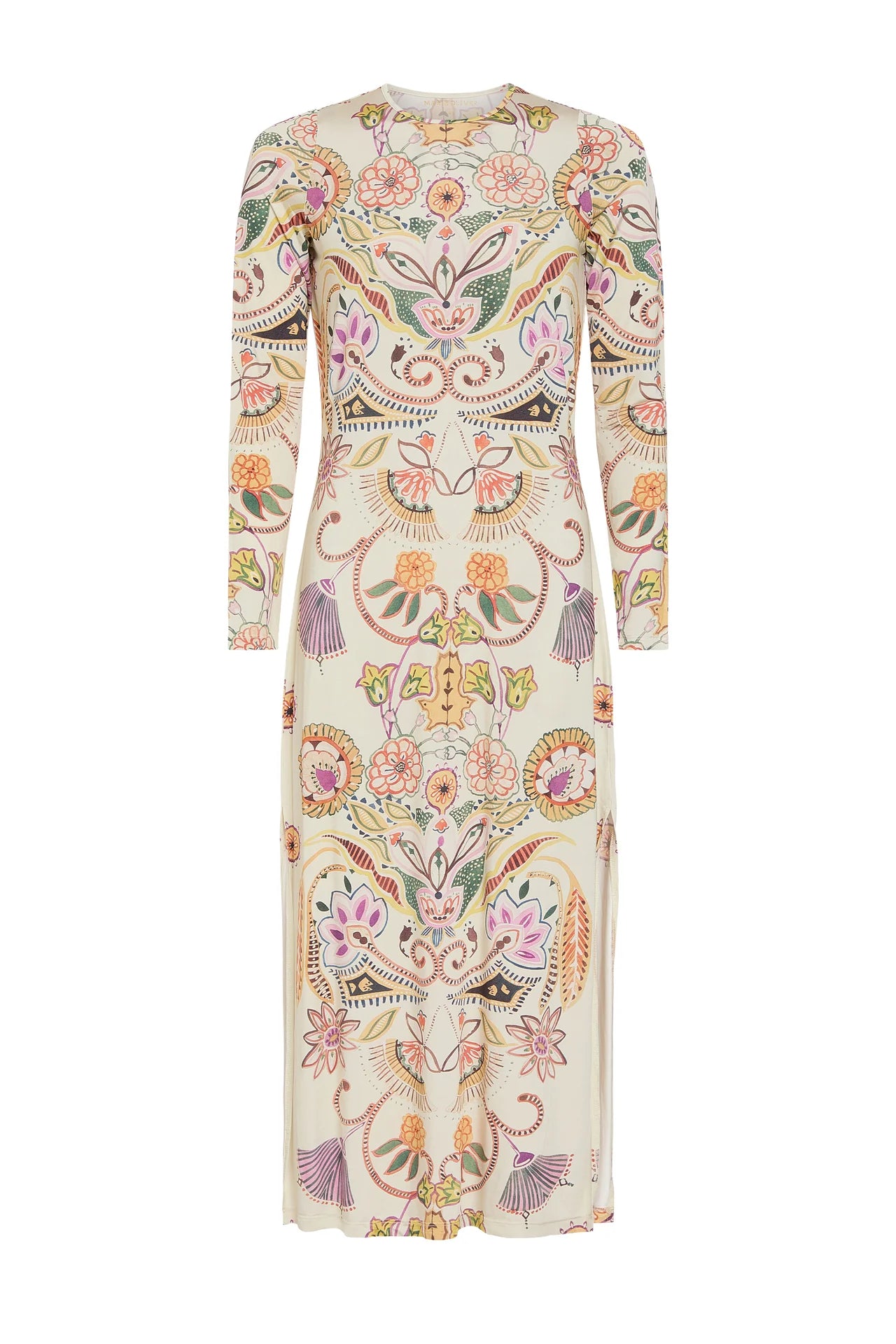 Long-sleeve dress with intricate floral and paisley pattern on a white background