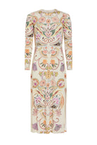 Long-sleeve dress with intricate floral and paisley pattern on a white background