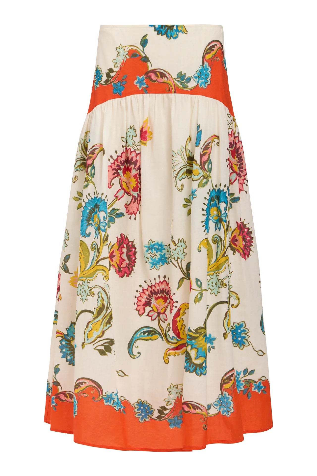 Floral patterned skirt with orange trim on a white background