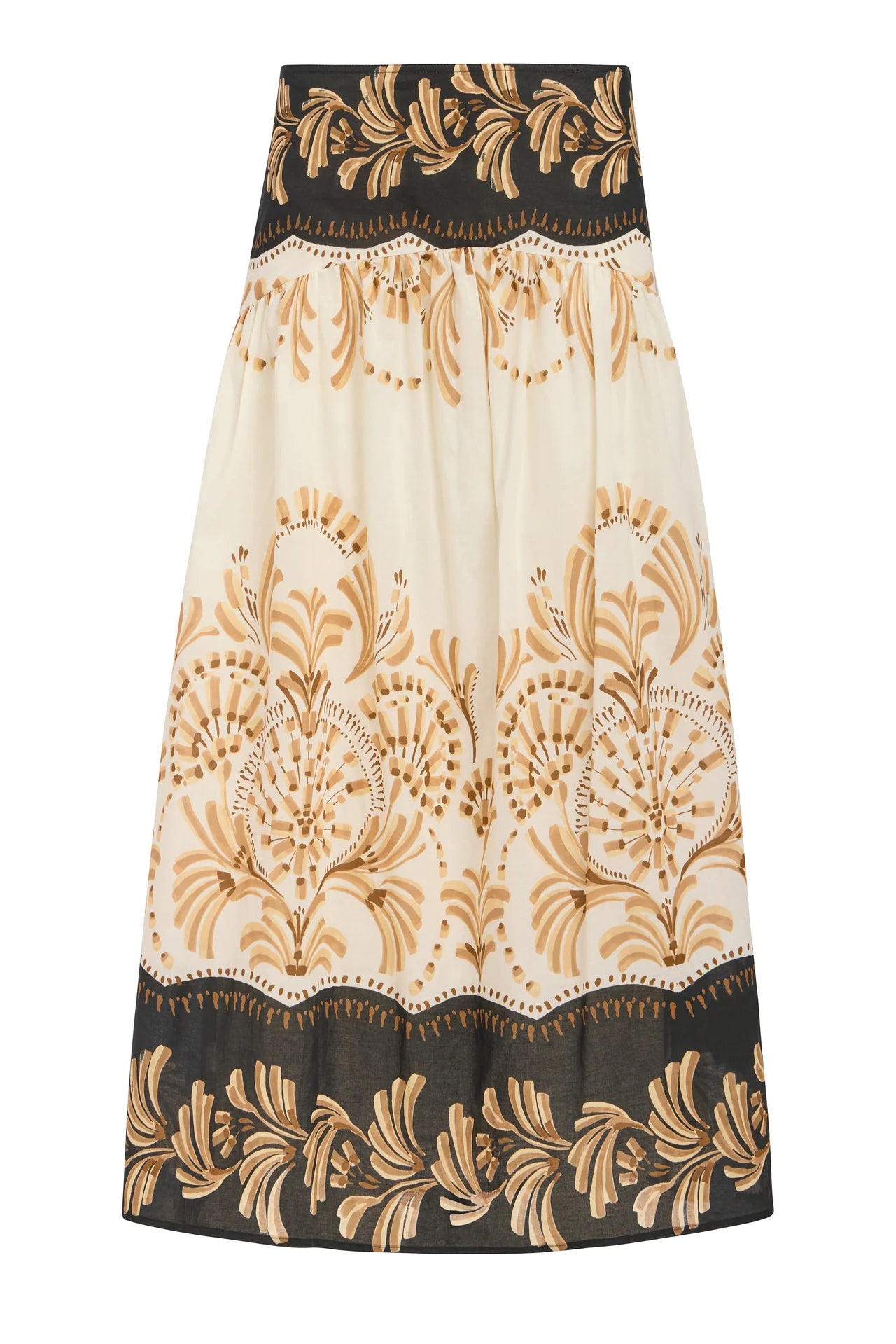 Skirt with gold and black floral pattern on a white background