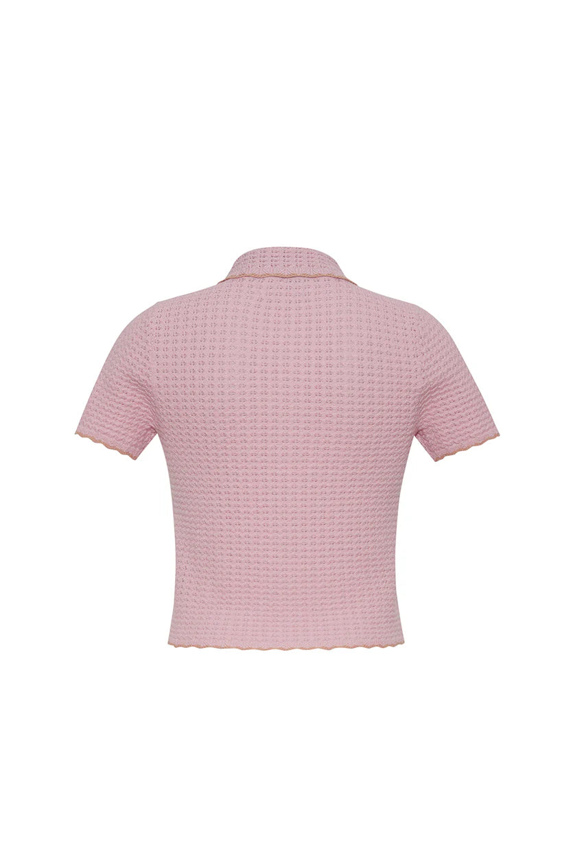 Pink checkered polo shirt on a white background