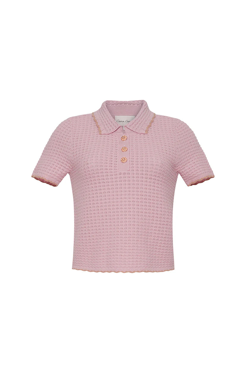 Pink checkered polo shirt on a white background