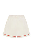 White shorts with a red trim on a white background