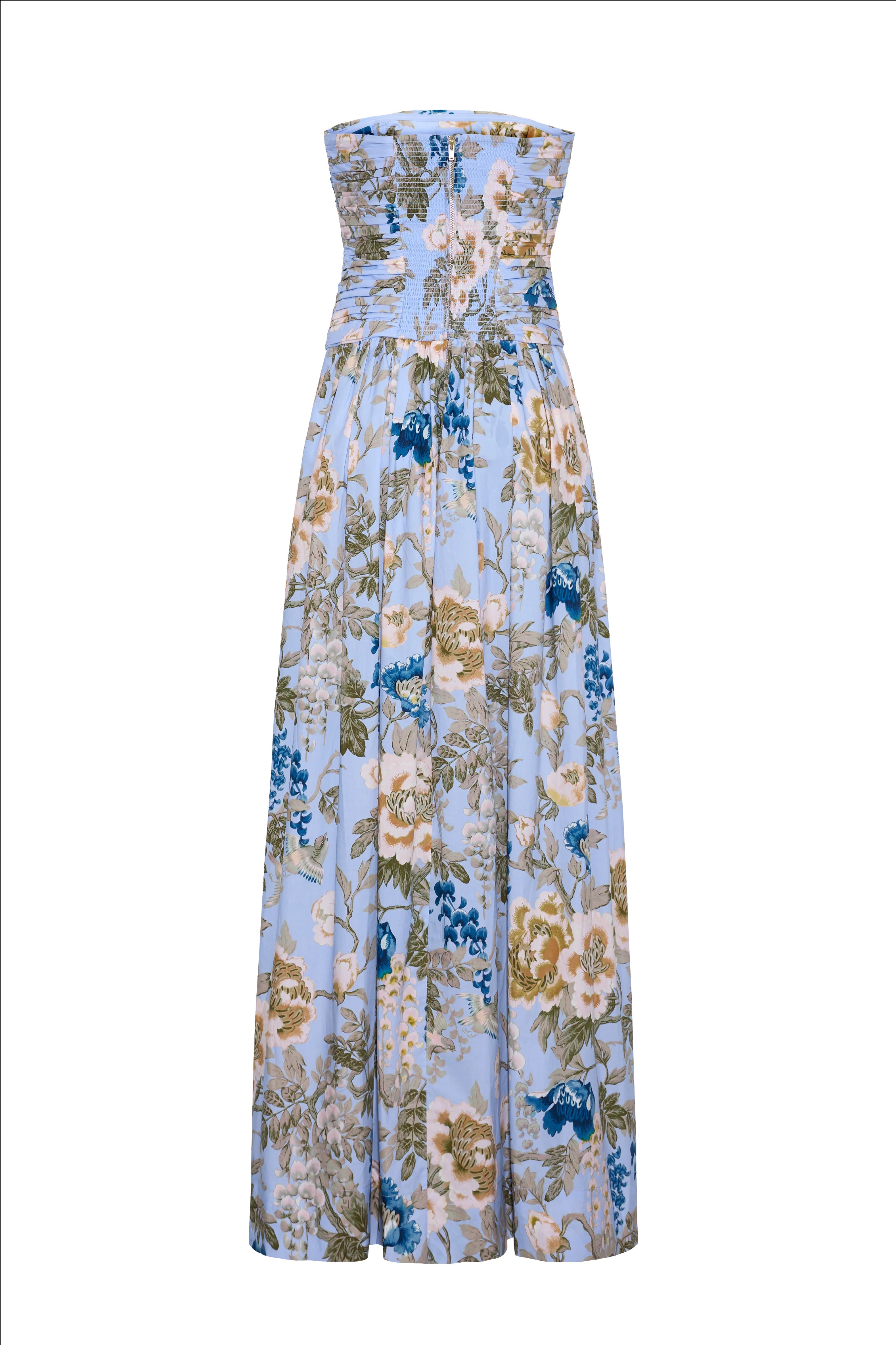 Floral strapless dress on a white background