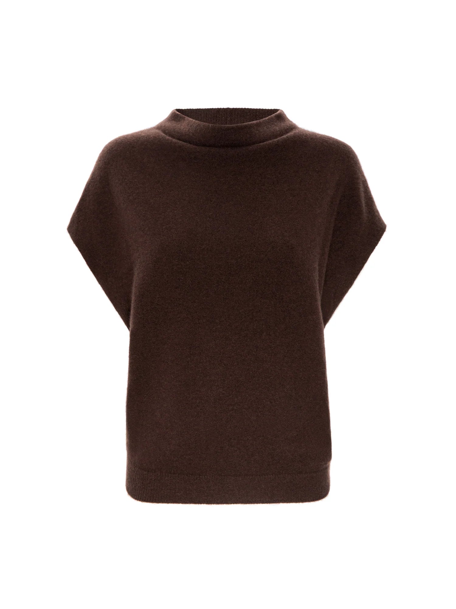 A dark brown knit sweater with a mock neck and wide short sleeves, displayed on a clean white background.