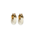 Pair of gold and white hoop earrings on a white background