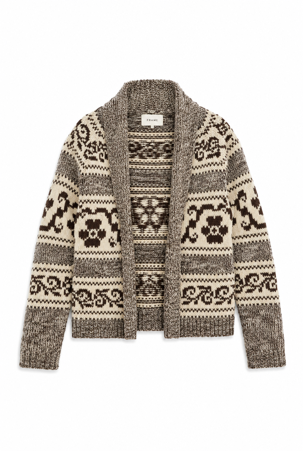 A knit open-front cardigan sweater featuring a traditional Fair Isle pattern in cream, brown, and gray, displayed flat against a plain white background.