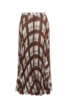 A pleated midi skirt featuring a brown, white, and green tie-dye pattern, displayed against a solid white background.