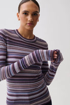 A woman wearing a long-sleeve crewneck knit top with horizontal multicolor stripes in purple, blue, pink, and gray, posed against a light gray studio background.