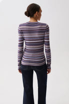 A woman viewed from the back wearing a long-sleeve knit top with horizontal stripes in purple, blue, pink, and white, paired with dark blue jeans, against a plain light gray background.