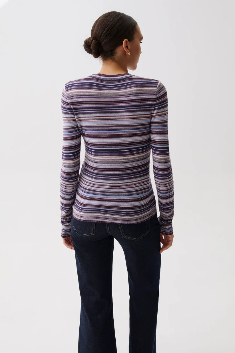 A woman viewed from the back wearing a long-sleeve knit top with horizontal stripes in purple, blue, pink, and white, paired with dark blue jeans, against a plain light gray background.