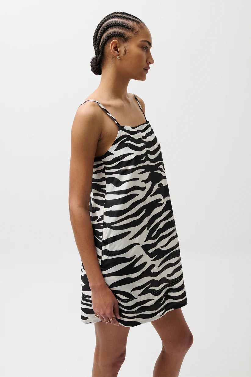 Woman wearing a zebra print slip dress on a white background