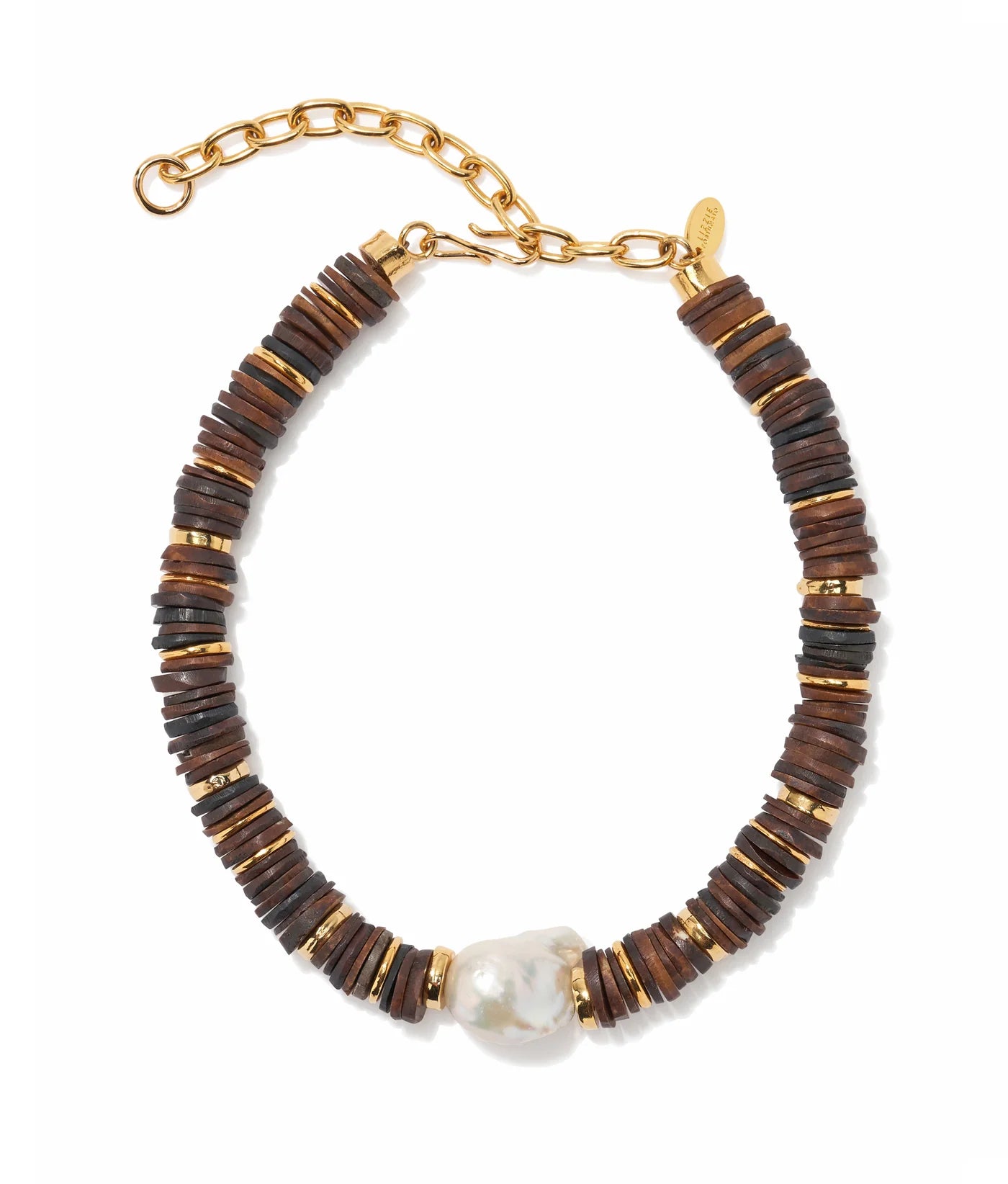 Bracelet with wooden beads and a pearl on a white background
