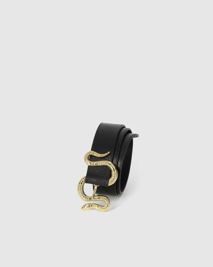 Black belt with a gold snake-shaped buckle on a light gray background