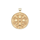 A round gold pendant featuring embossed seashells, starfish, coral, and the letters P and B, shown on a plain white background.