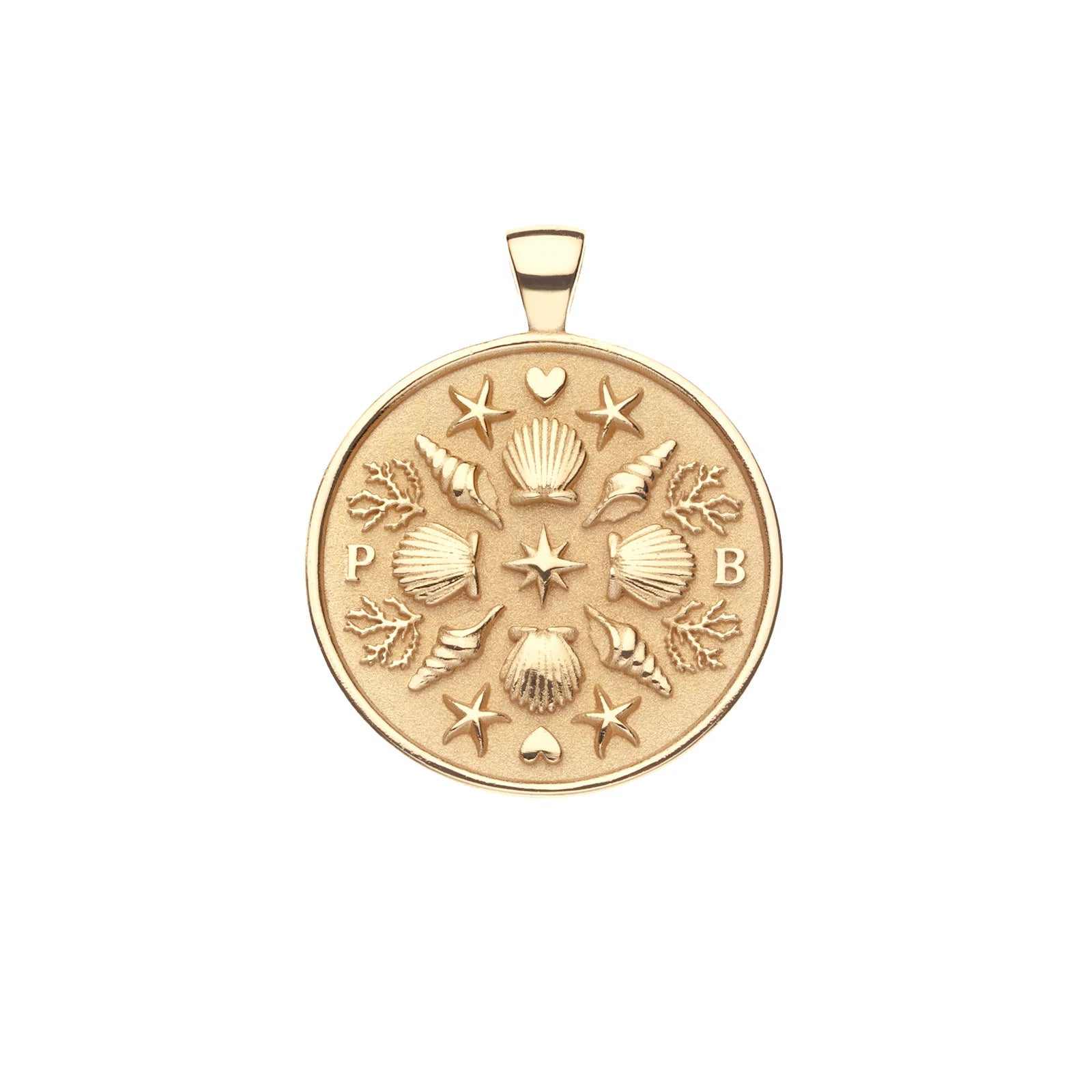 A round gold pendant featuring embossed seashells, starfish, coral, and the letters P and B, shown on a plain white background.