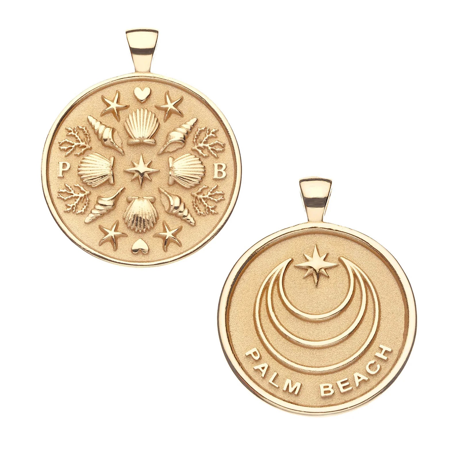 Two gold round pendant charms shown on a white background, one displaying an embossed nautical design with shells, stars, and the letters P and B, and the other displaying a crescent moon and star design with the text 'PALM BEACH'.