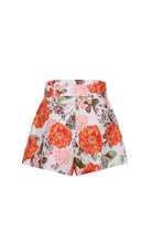 Floral shorts with orange and pink flowers on a white background