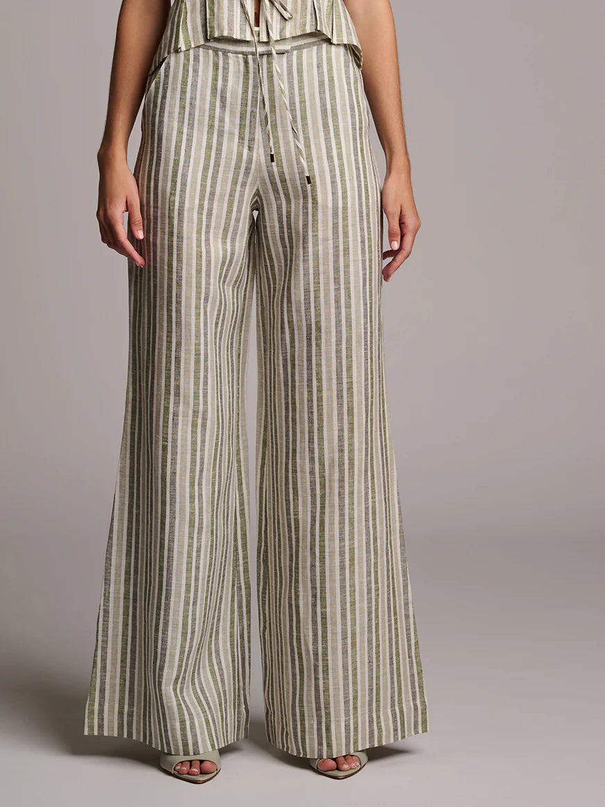 Striped wide-leg pants worn by a person on a plain background