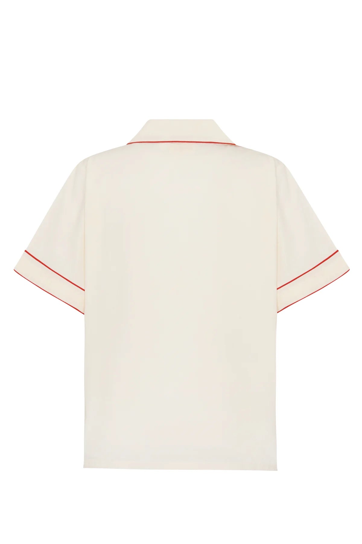 Beige shirt with red and blue floral patterns on a white background