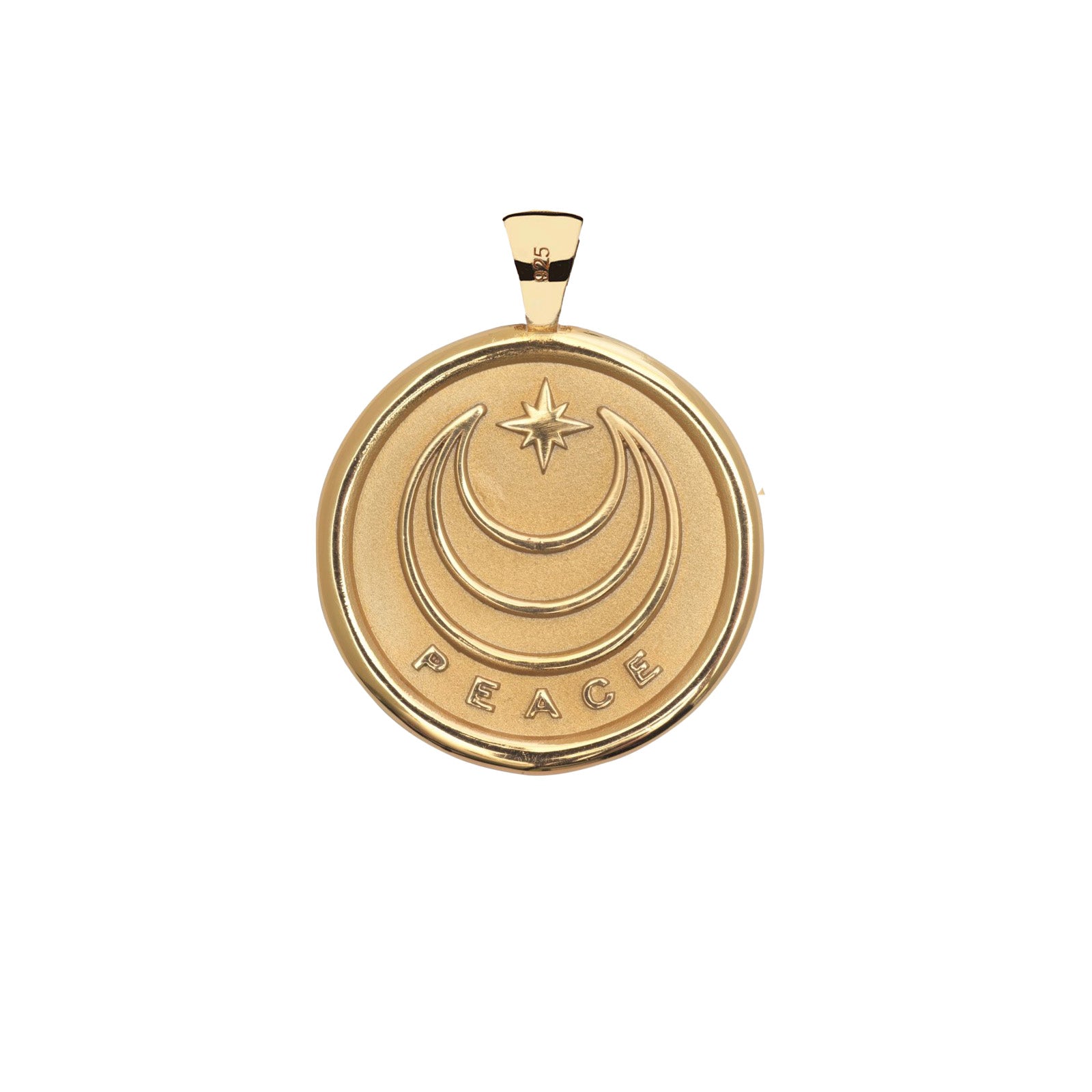 Gold pendant with 'PEACE' engraving on a white background