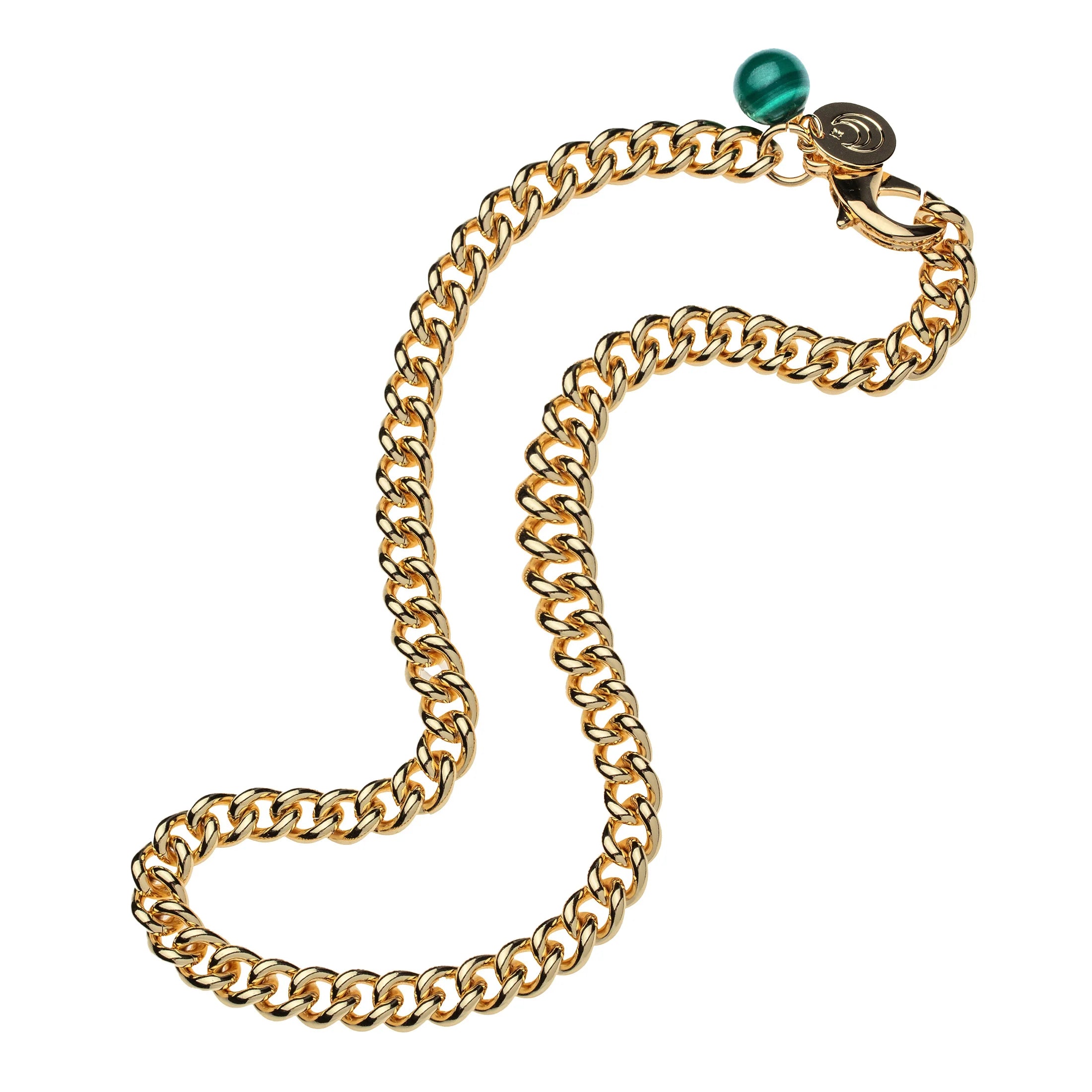 Gold chain necklace with a green bead on a white background