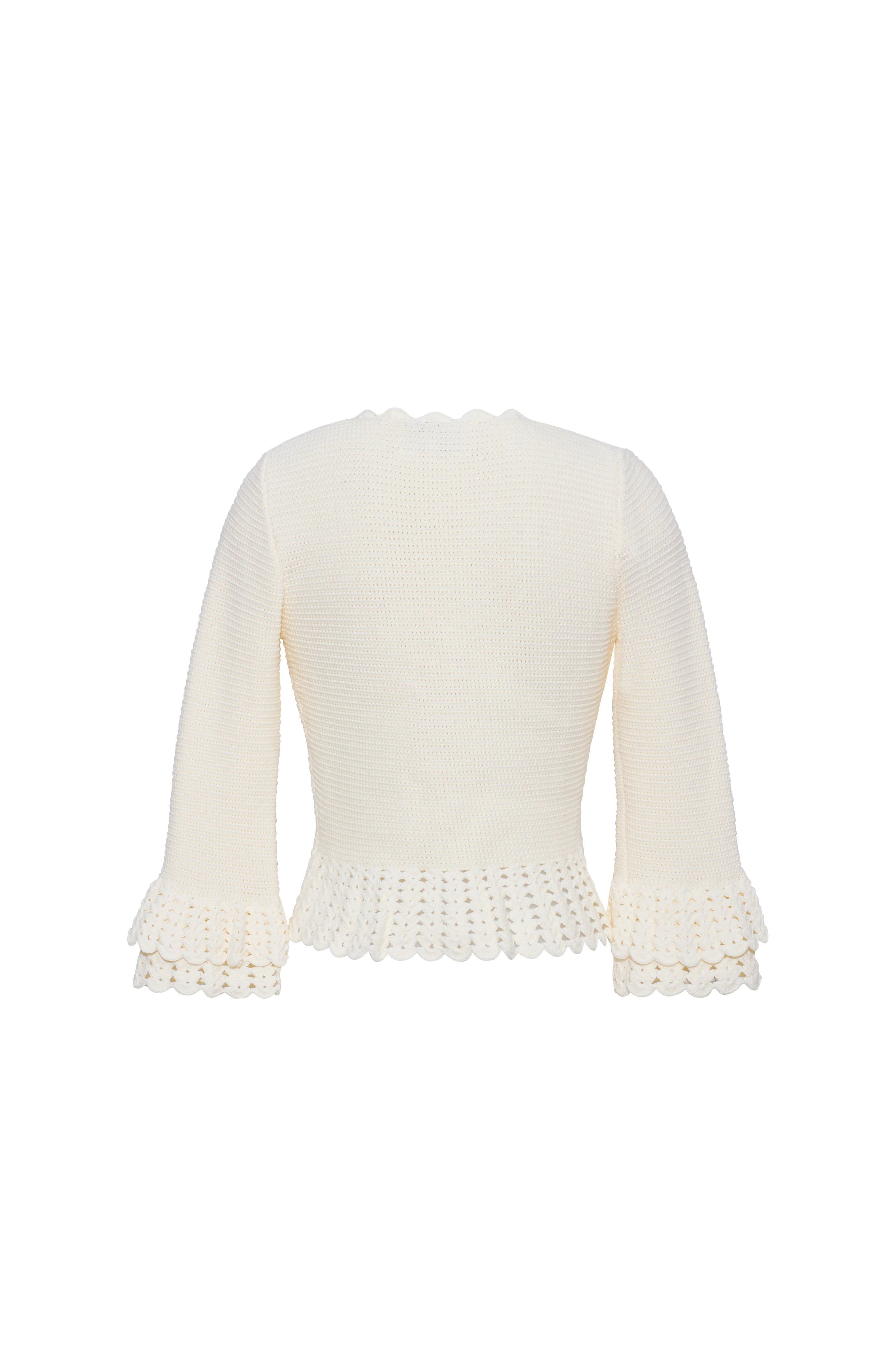 White knit cardigan with lace trim on a white background