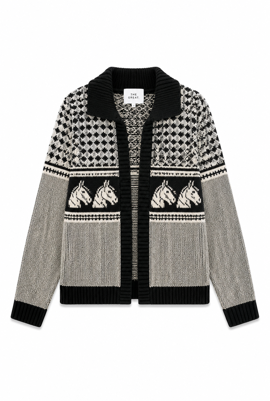 A knit cardigan sweater featuring a black and white geometric pattern on the upper chest and shoulders, three white horse motifs on a black band across the center, and solid light gray knit sleeves and lower body, finished with black ribbed trim.