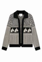 A knit cardigan sweater featuring a black and white geometric pattern on the upper chest and shoulders, three white horse motifs on a black band across the center, and solid light gray knit sleeves and lower body, finished with black ribbed trim.
