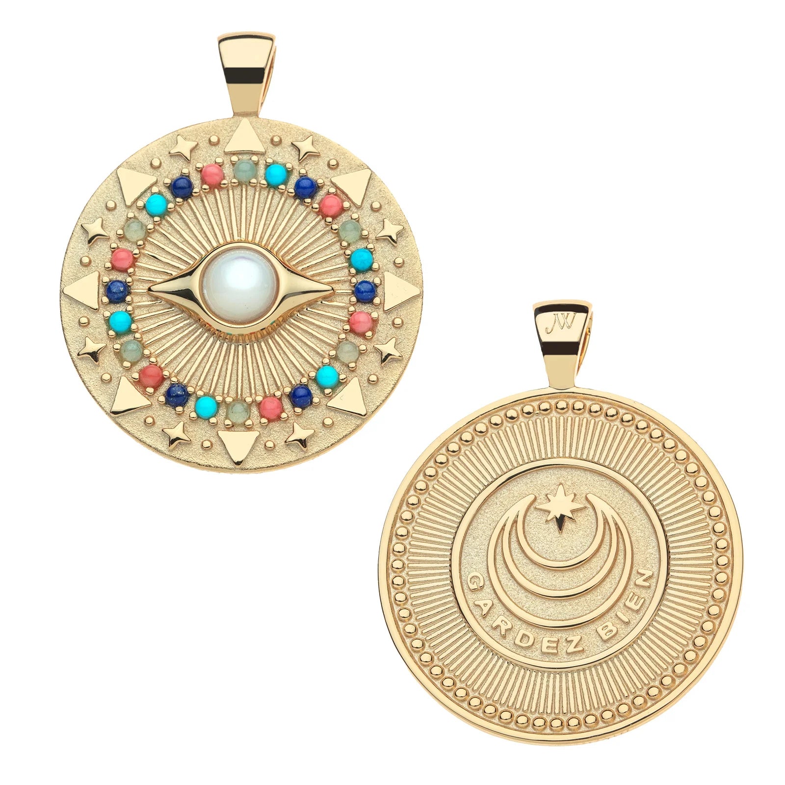 Two gold-tone circular pendant charms on a white background, showing the front and back. The front pendant features an eye motif with a white pearl center and a ring of small multicolored gemstones.
