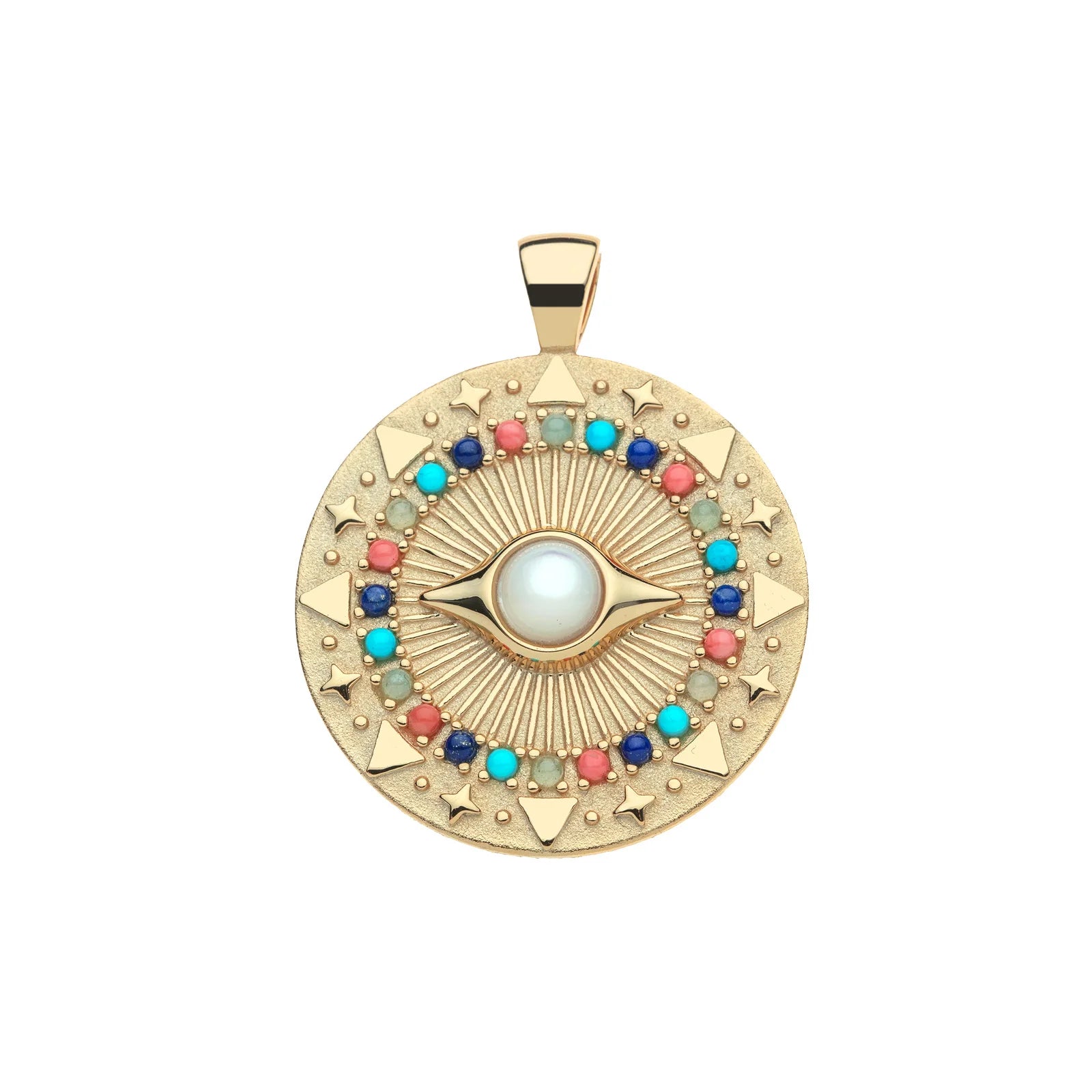A gold circular pendant featuring an evil eye motif with a white pearl center, surrounded by a halo of small multicolored gemstones and gold stars, shown on a plain white background.