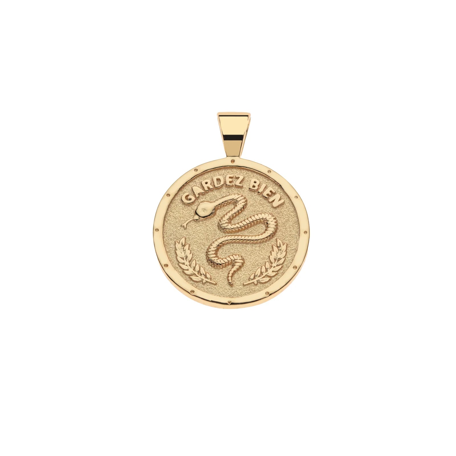 Gold pendant with snake design and engraved text on a white background