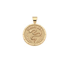 Gold pendant with snake design and engraved text on a white background