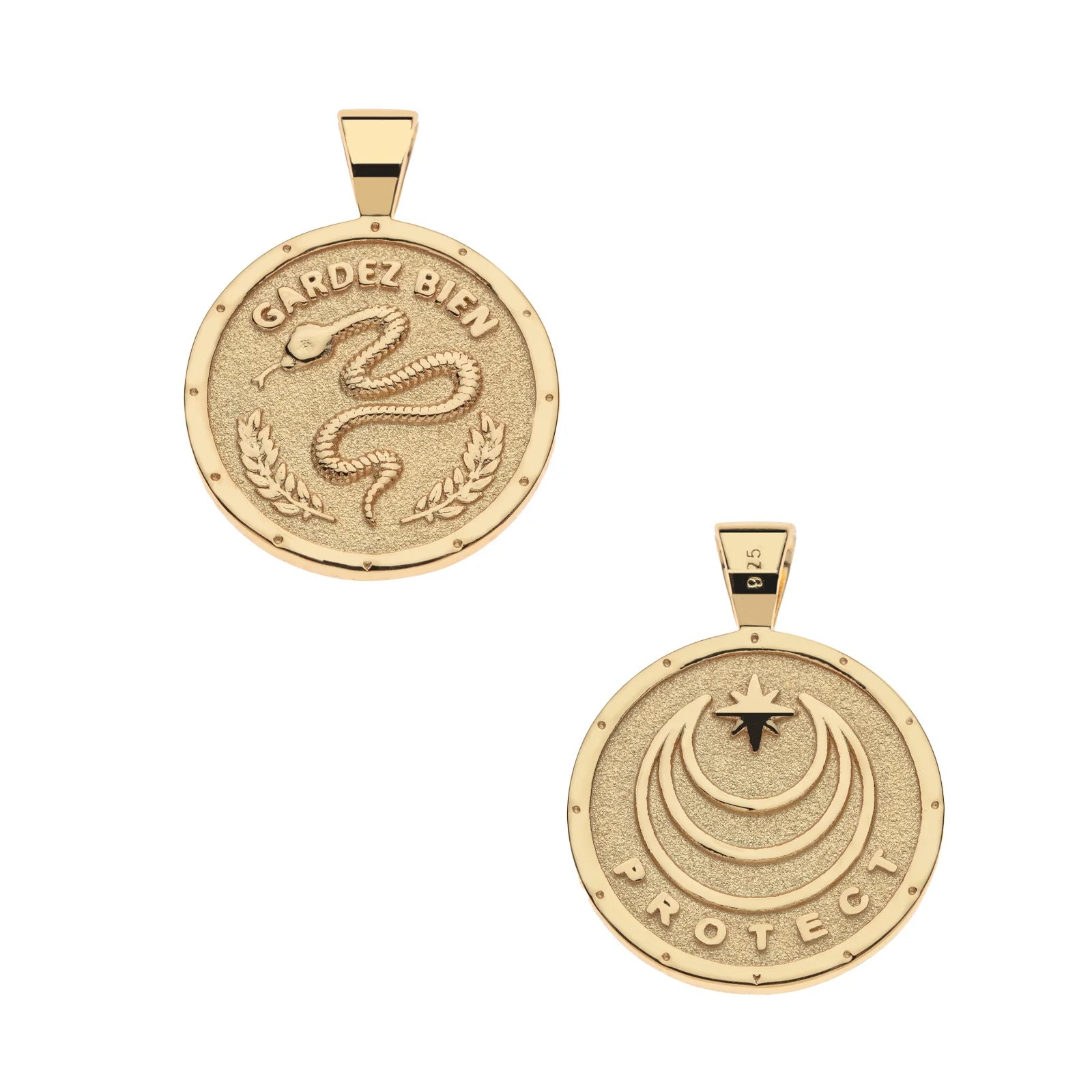 Two gold pendants on a white background