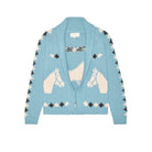 Light blue cardigan with unicorn pattern on a white background