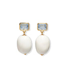Pair of earrings with white spherical stones and gold and blue accents on a white background