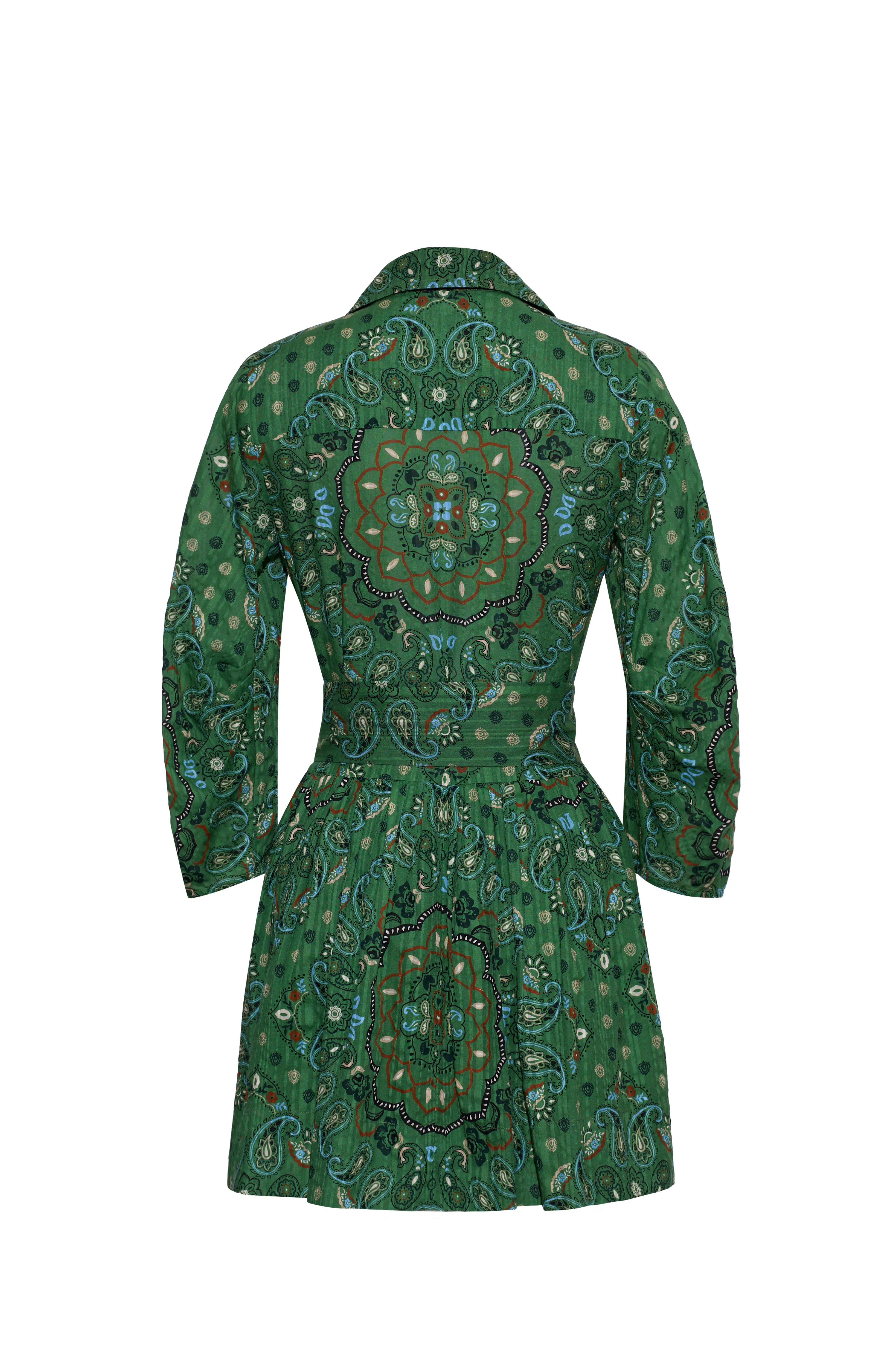 A green long-sleeve collared jacket with a detailed paisley and medallion pattern, shown from the back against a plain white background.
