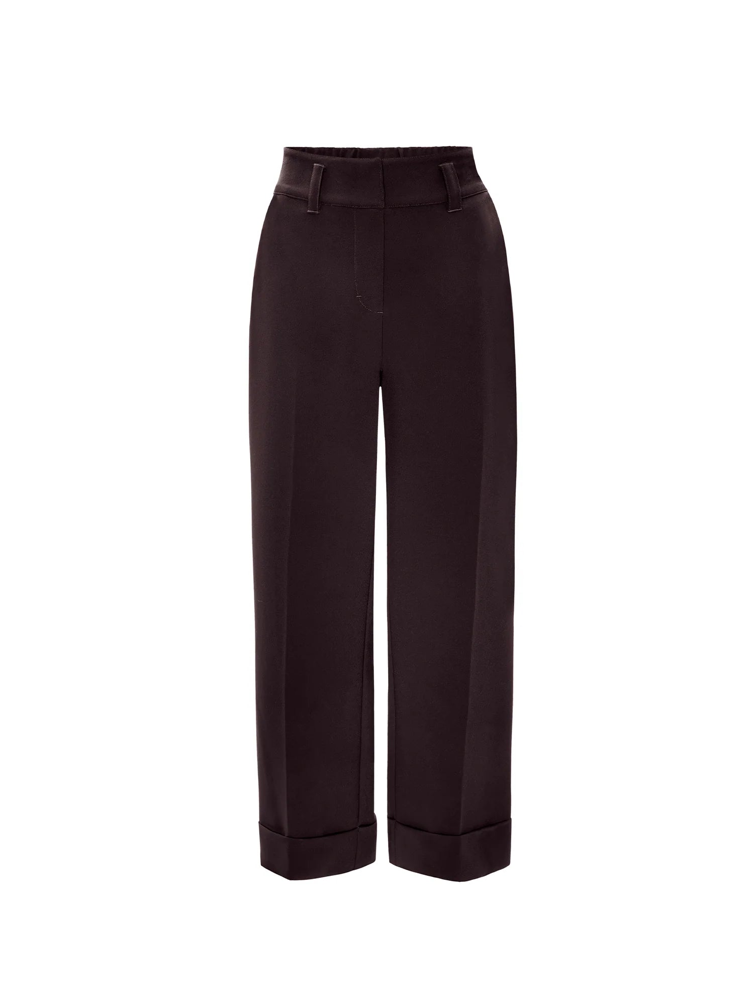 Dark brown cropped trousers with a straight-leg silhouette, featuring rolled cuffs and a front button closure, shown against a plain white background.
