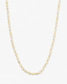 A delicate yellow gold chain necklace with small, polished oval links, displayed against a clean white background.
