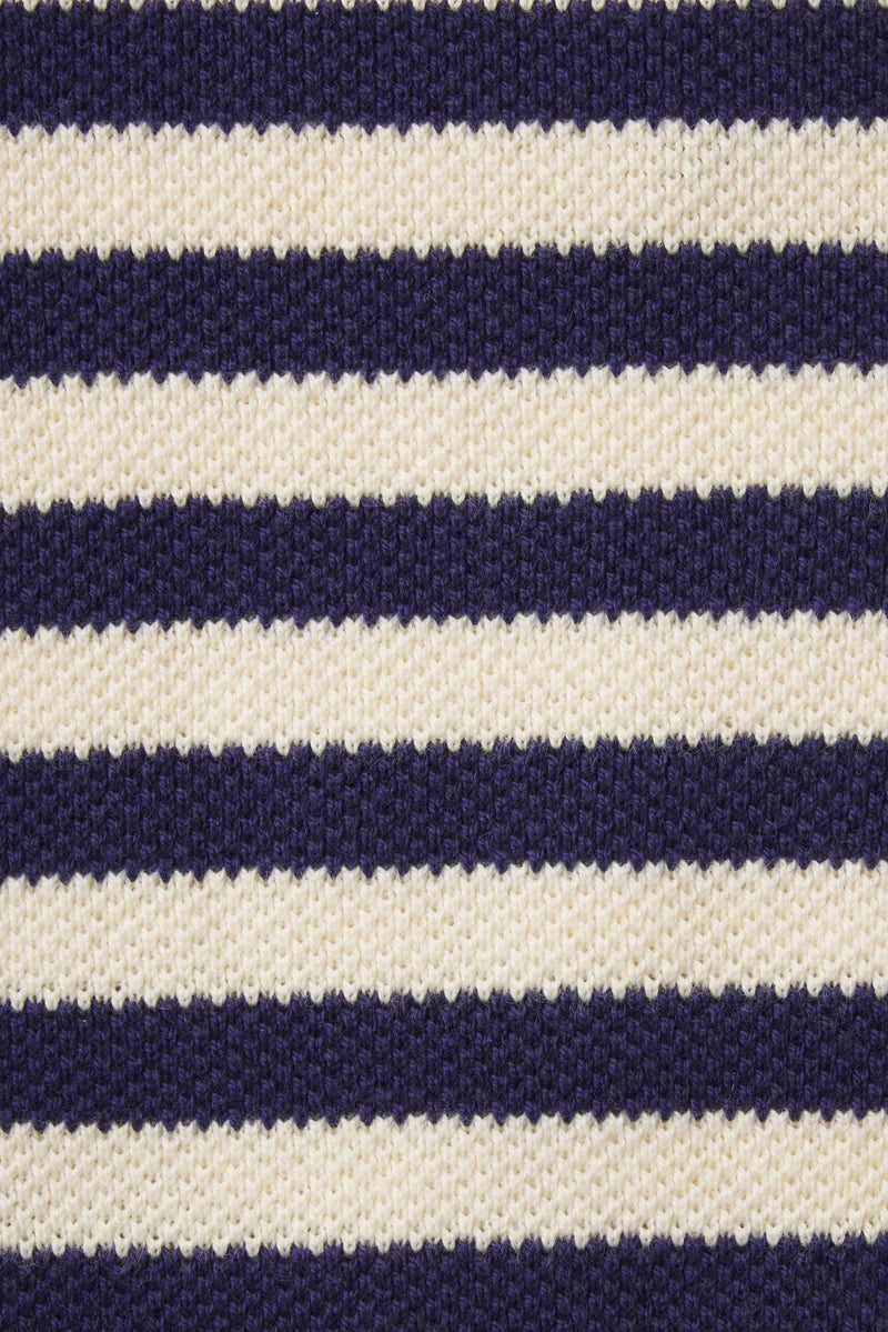 Close-up of a fabric with navy and white horizontal stripes.