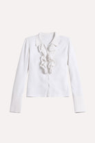 White blouse with ruffled collar on a white background