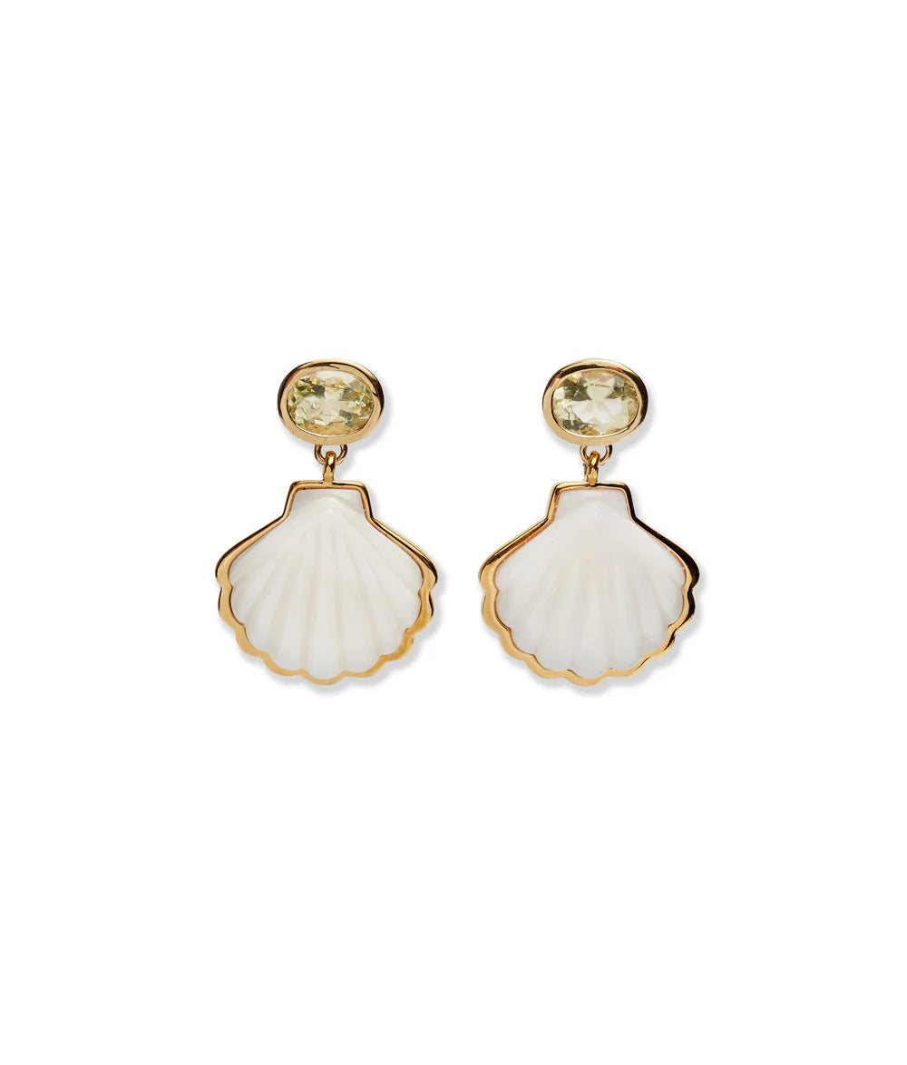 Shell-shaped earrings with gold accents and clear stones on a white background